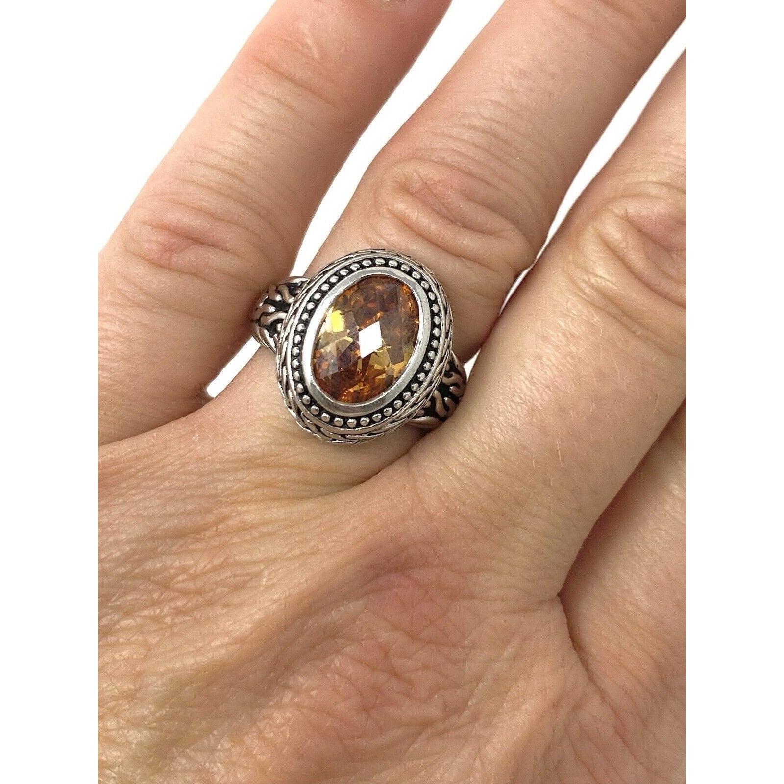 Sterling Silver 925 Amber Colored Cubic Zirconia Filigree Ring Sz 7 8 Gms.